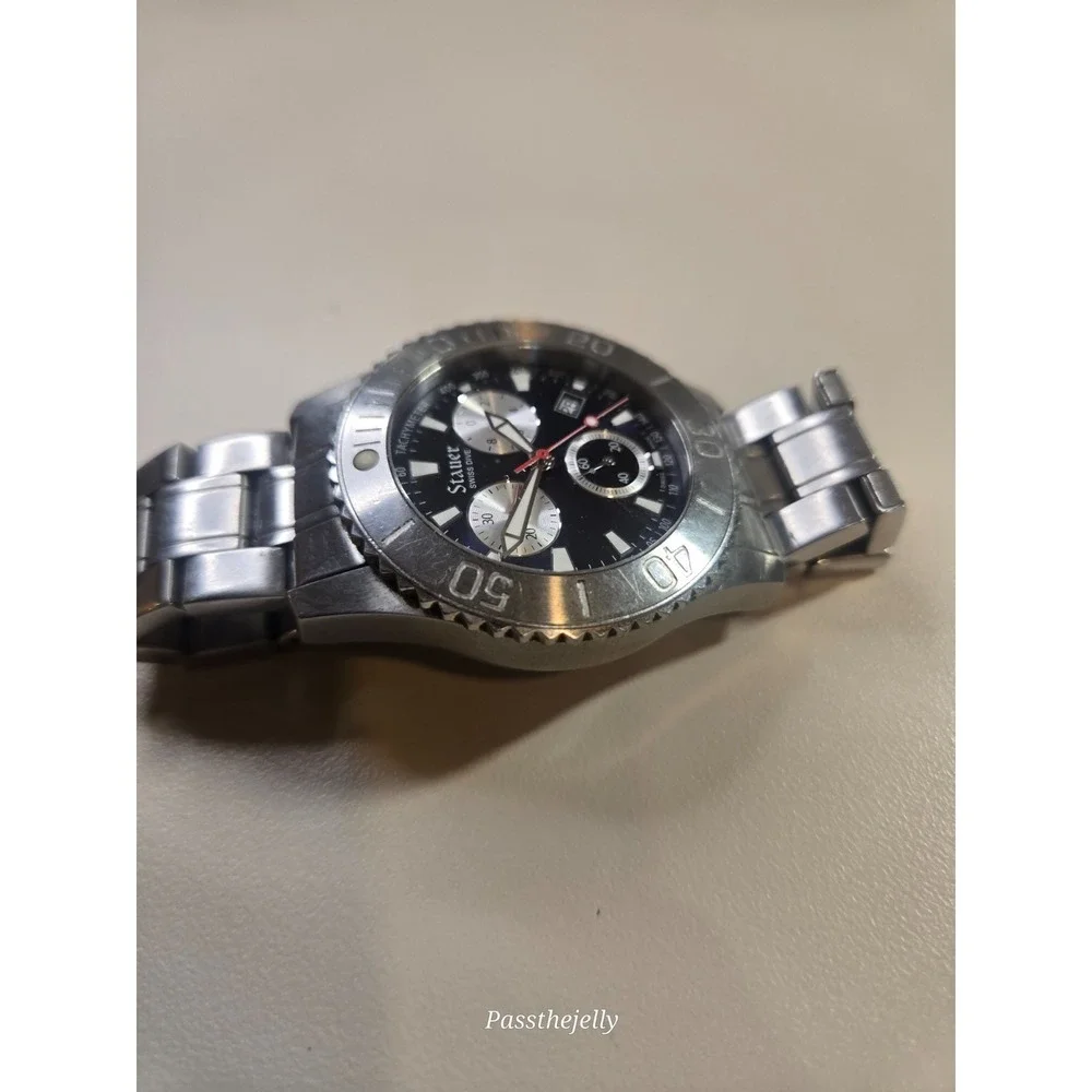 Stauer Bathos Dive Chronograph Mens Watch 47mm Black Dial Swiss Made SS